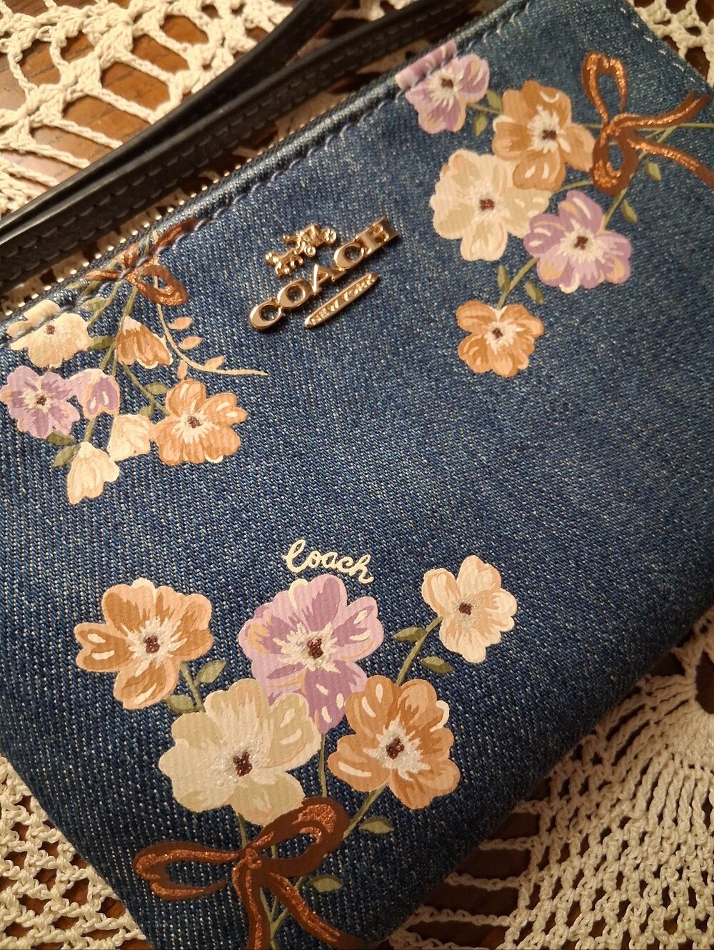 Coach Denim Floral Zip Wristlet - Blue with Pink & Tan Flowers